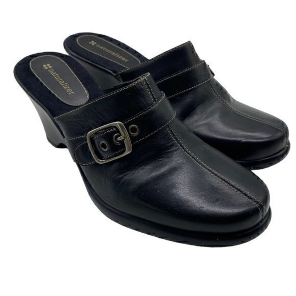 Naturalizer Womens Shoes Mules Clogs Wedge Slip On Black Leather Size 8.5in